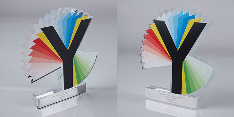 Custom logo trophy featuring the Y of Yorkshire in multi-colours